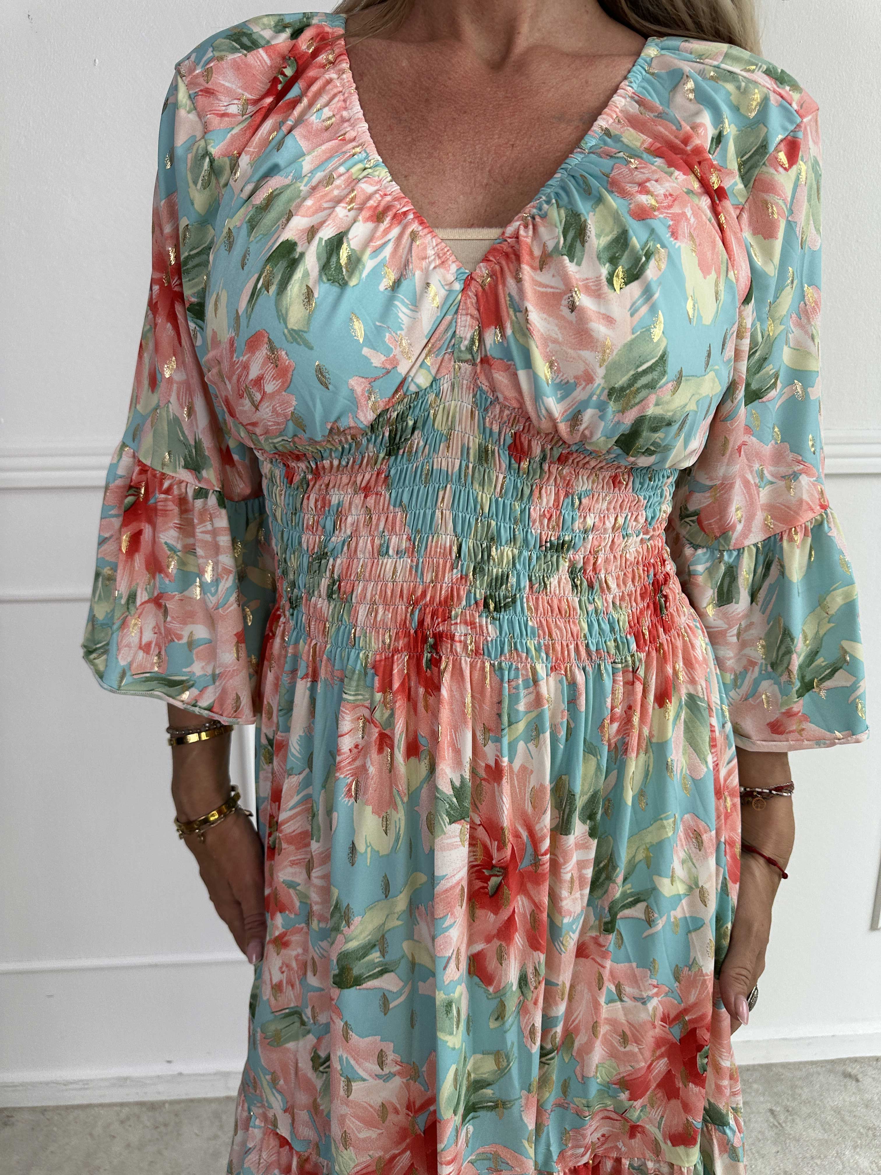 Flora Flower - Elastisk blomstret kjole med smock og flæse på ærmet